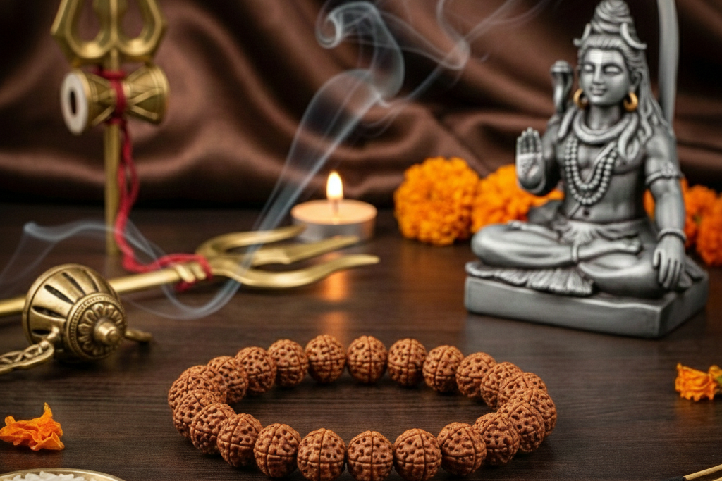 Beaded bracelet on a wooden surface with religious statues and offerings in the background